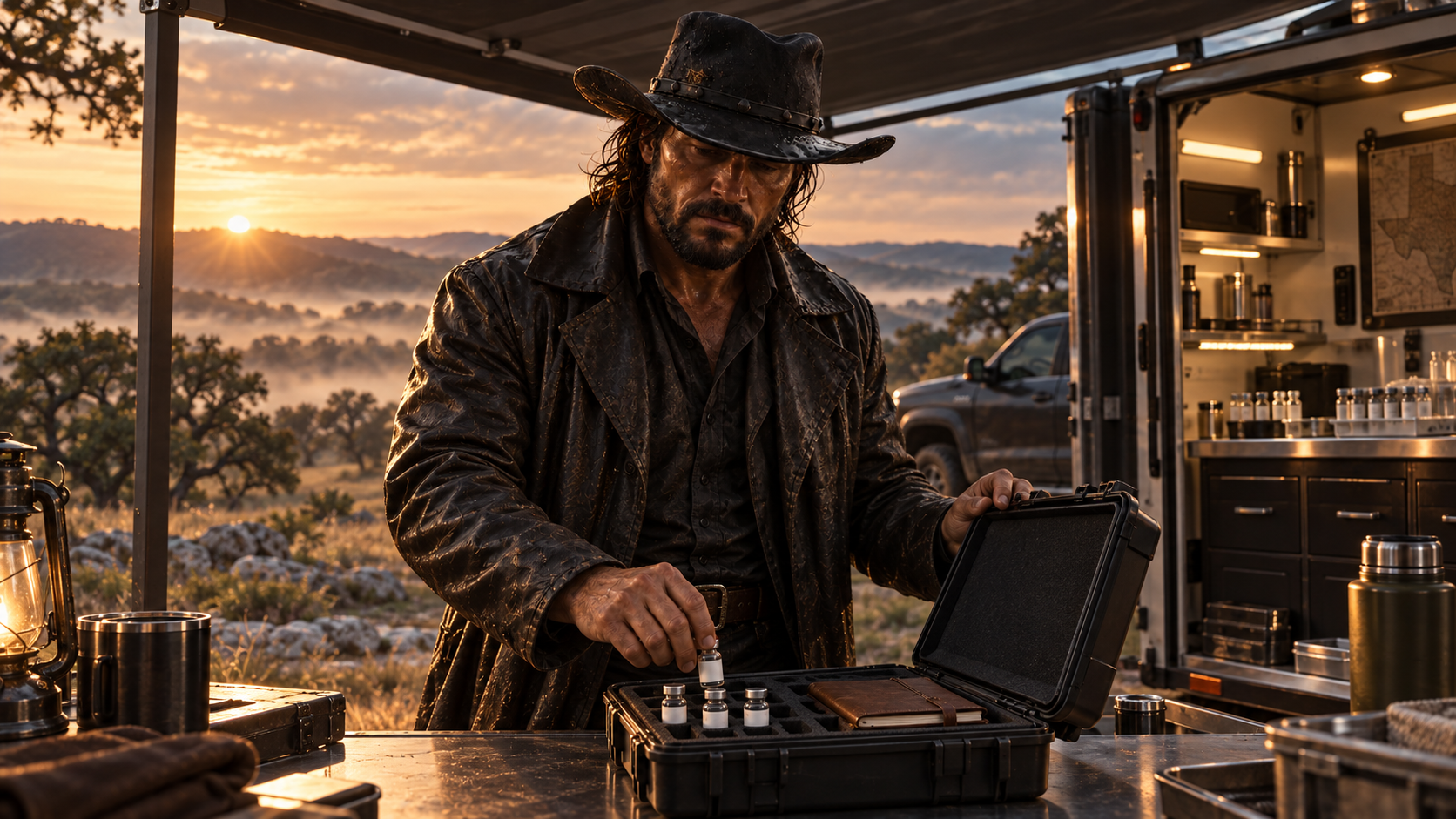 Cowboy organizing vials in a field case at an outdoor worktable at sunrise