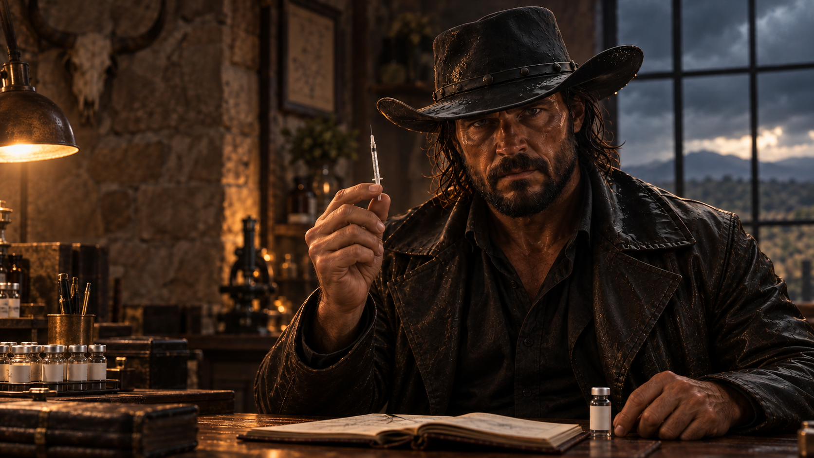 Cowboy holding a syringe above an open notebook in a lamplit stone study