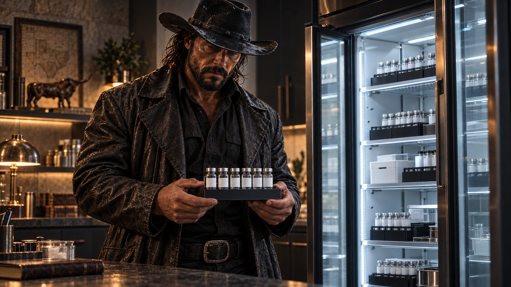 Cowboy organizing a tray of vials beside an open storage refrigerator